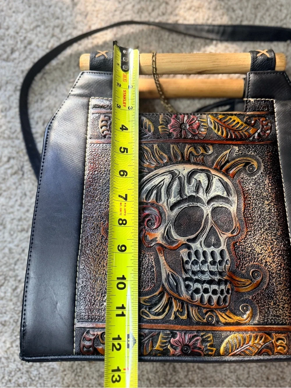 Leather Skull-Embossed Satchel Bag in Black and Multicolor